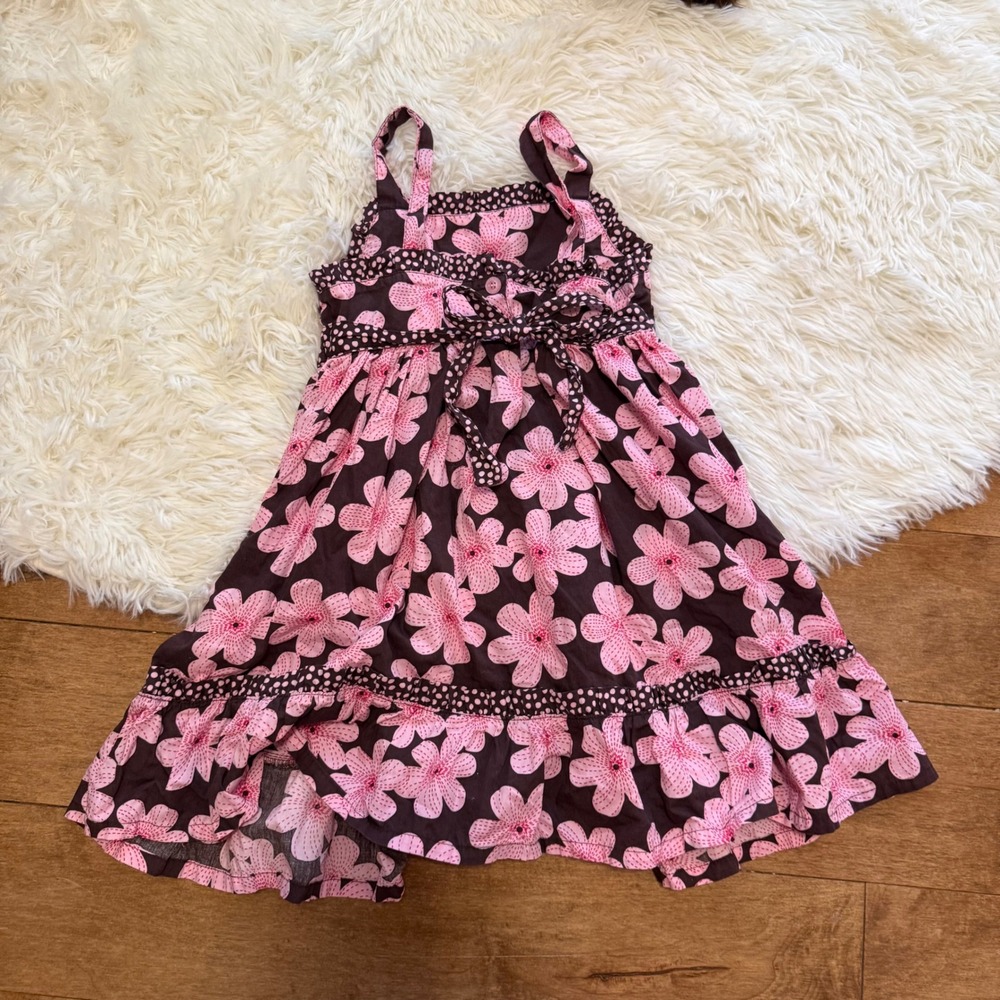 Blueberry Blvd Girls Size 6 Pink Floral Brown Cotton Sundress Polka Dot Bow Trim - Picture 3 of 6